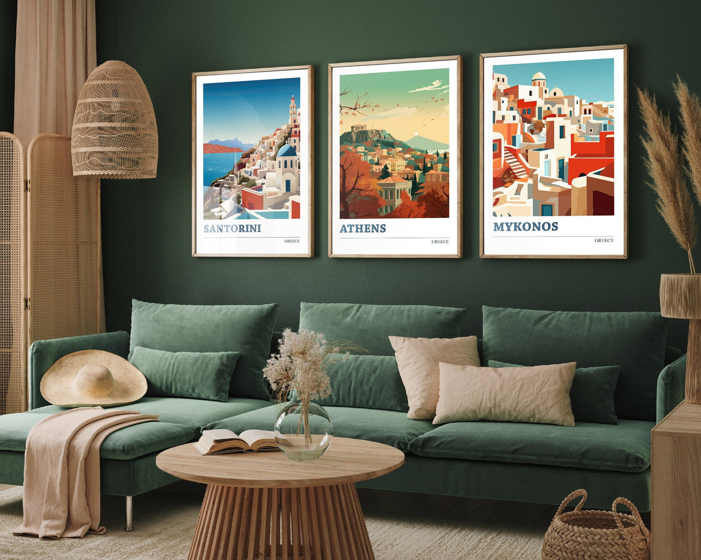 Set of Three Greek Travel Posters - Santorini, Athens, Mykonos, 3 Jazz Maroon Art Prints - Photo Painting Illustration Gift Map Artwork