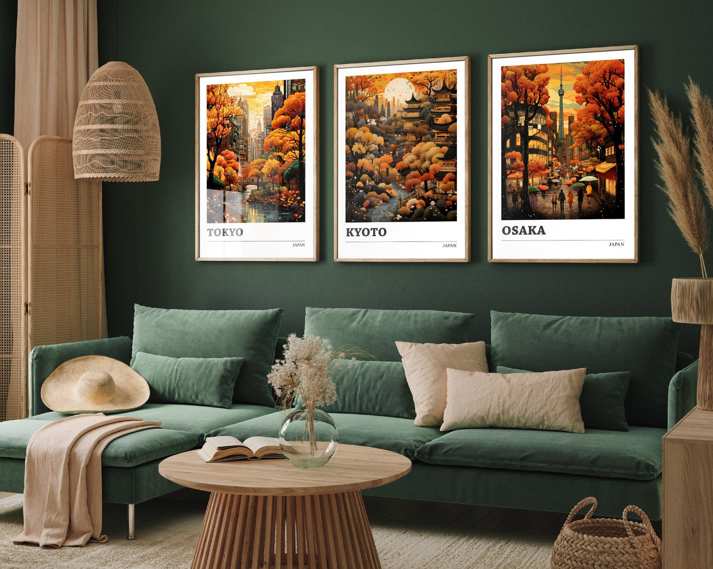 Set of Three Japan Travel Posters - Tokyo, Kyoto, Osaka, 3 Autumn City Art Prints - Photo Painting Illustration Gift Map Artwork Japanese