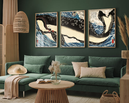 Set of Three Utagawa Kuniyoshi Art Prints - Miyamoto Musashi Attacking a Giant Whale - Vintage Japan Ukiyo-e - 3 Paintings Photo Poster Gift