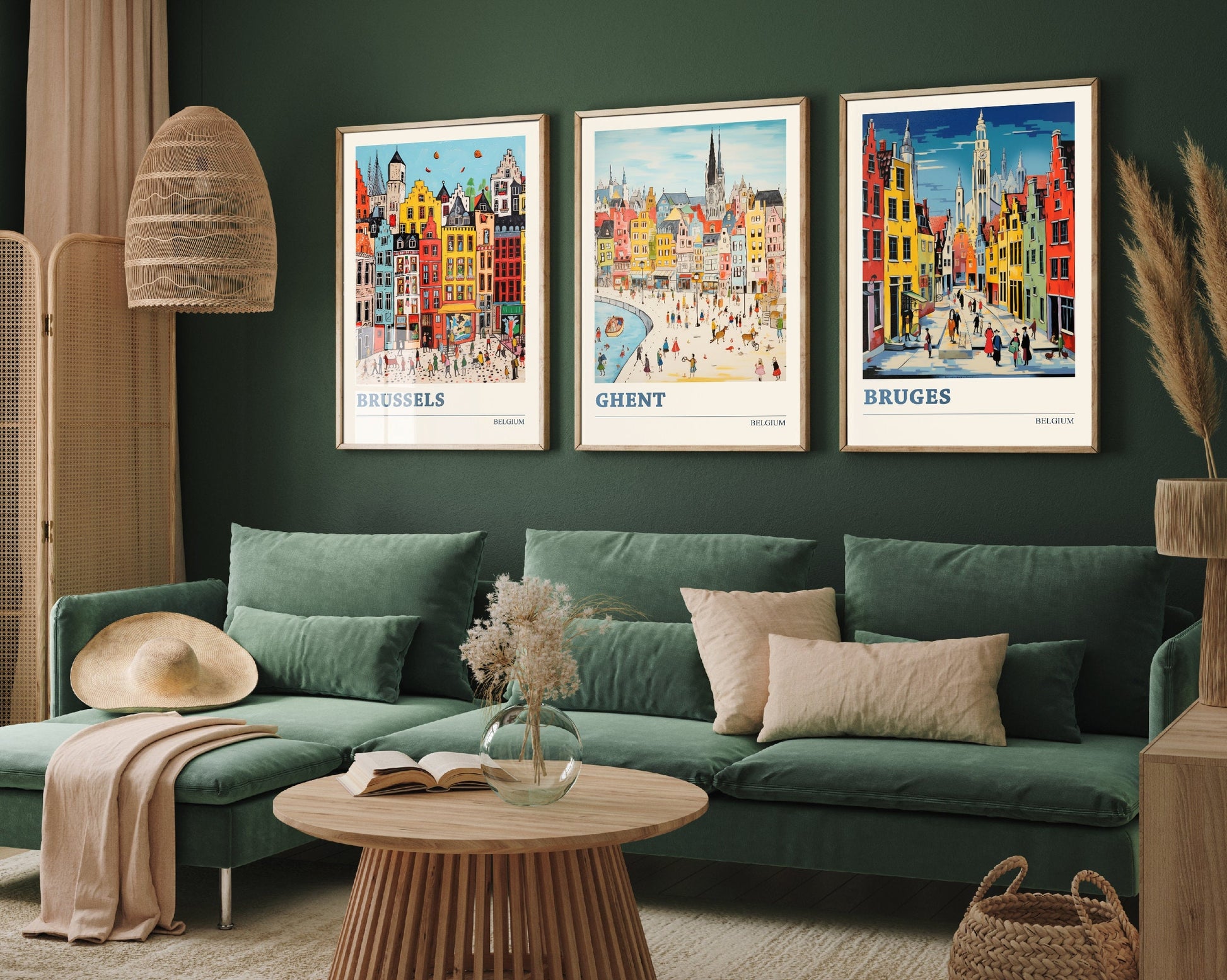 Set of Three Belgium Travel Posters - Brussels, Ghent, Bruges- 3 Modern Art Prints - Photo Painting Illustration Gift Map Visit Europe