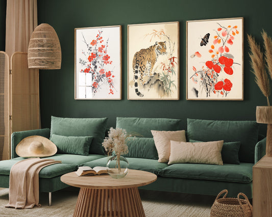 Set of Three Japanese Red Tiger Prints - Ukiyo-e Vintage Japan - 3 Paintings Photo Poster Wall Art Gift Museum Gallery Butterflies Flwoers