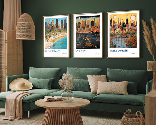 Set of Three Australia Travel Posters - Gold Coast, Sydney, Melbourne 3 Art Prints - Photo Painting Illustration Gift Map Artwork Vibrant