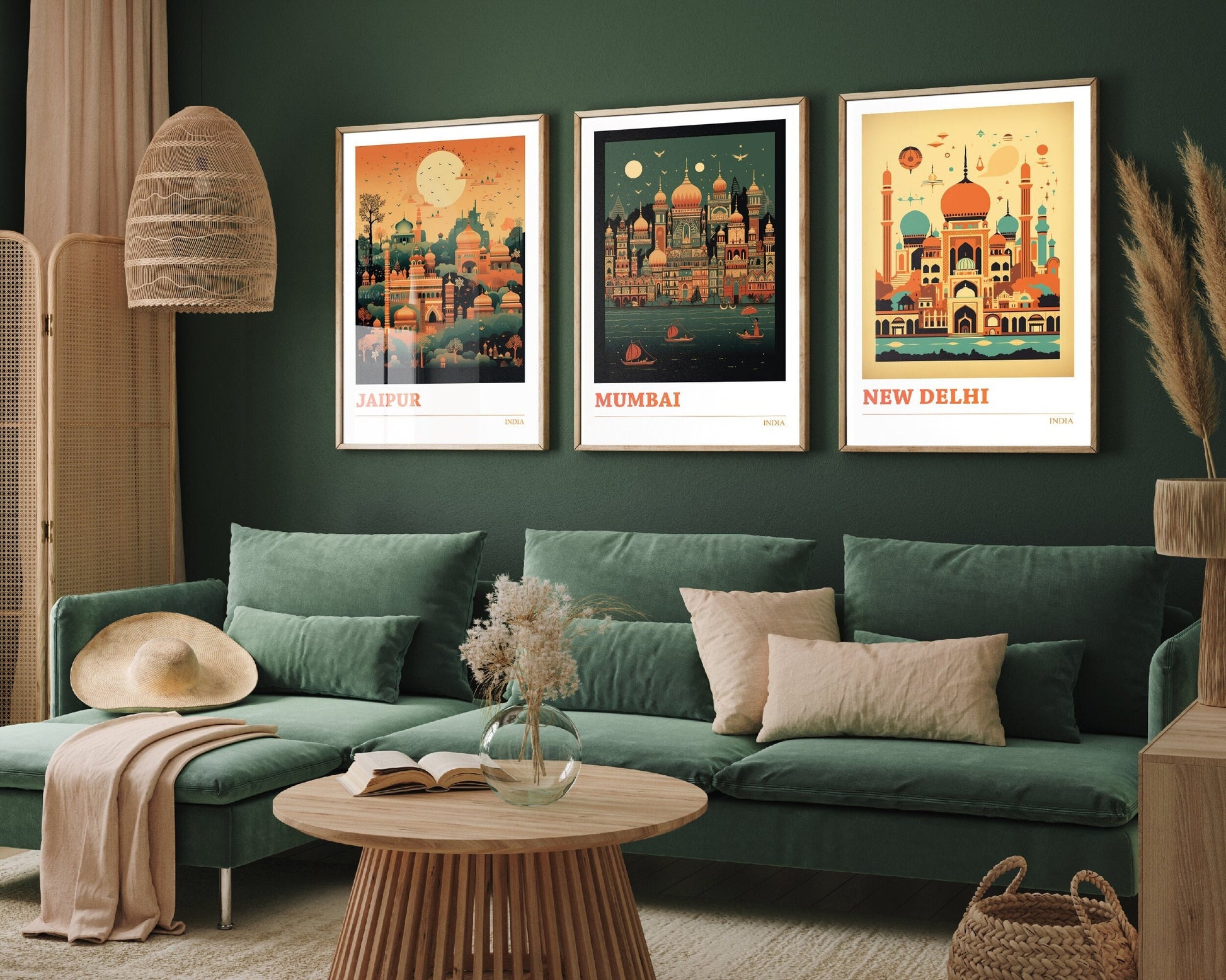 Set of Three India Travel Posters - Jaipur, Mumbai, New Delhi, 3 Jazz Maroon Art Prints - Photo Painting Illustration Gift Map Artwork