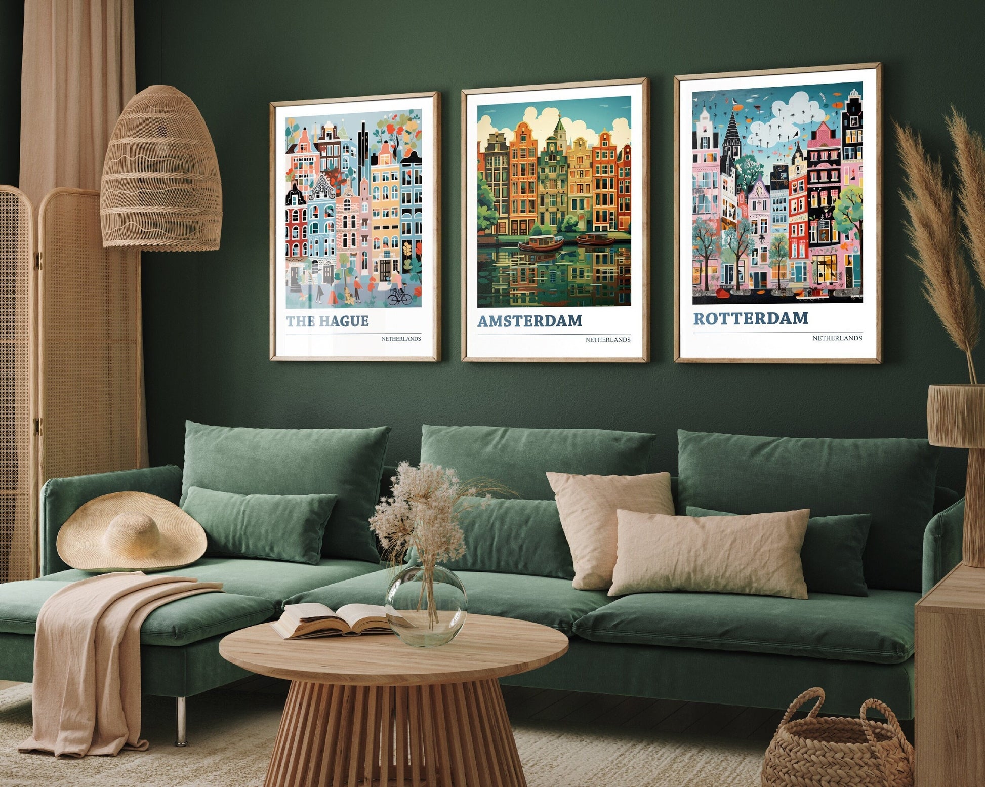 Set of Three Netherlands Travel Posters - The Hague, Amsterdam, Rotterdam, 3 Whimsical Art Prints - Photo Painting Illustration Gift Map