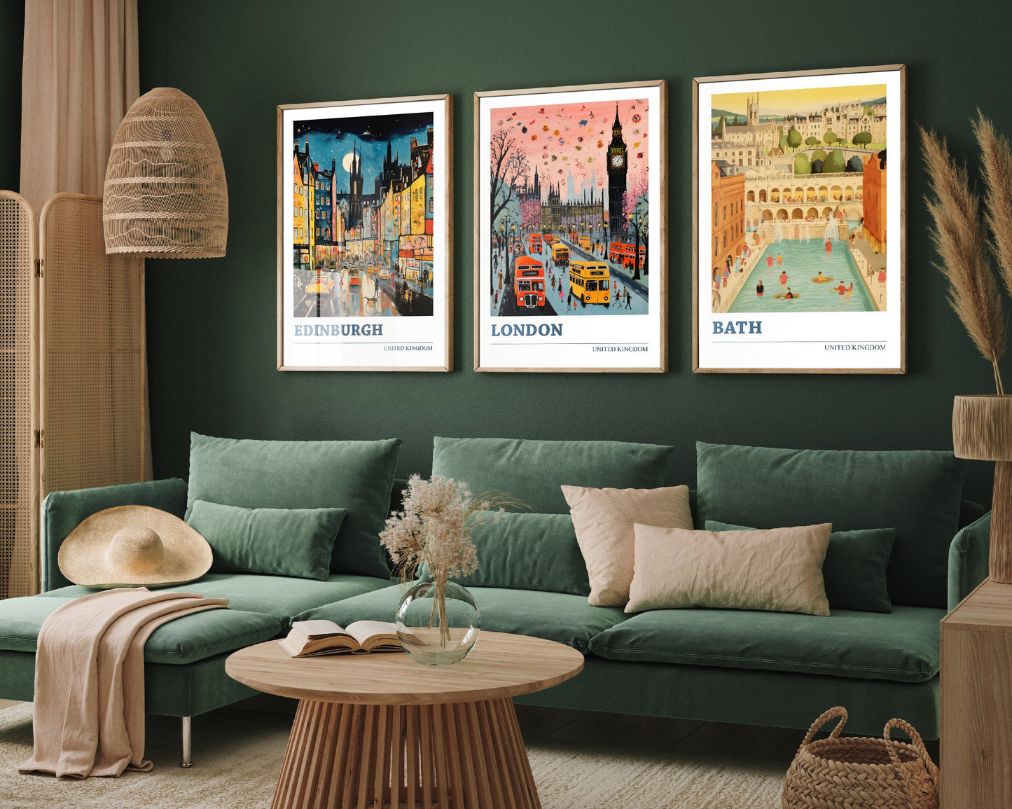 Set of Three UK Travel Posters - Edinburgh, London, Bath - 3 Modern Art Prints - Photo Painting Illustration Gift Map Artwork United Kingdom