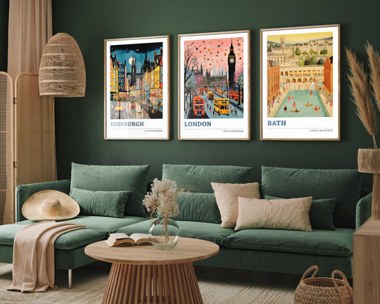 Set of Three UK Travel Posters - Edinburgh, London, Bath - 3 Modern Art Prints - Photo Painting Illustration Gift Map Artwork United Kingdom