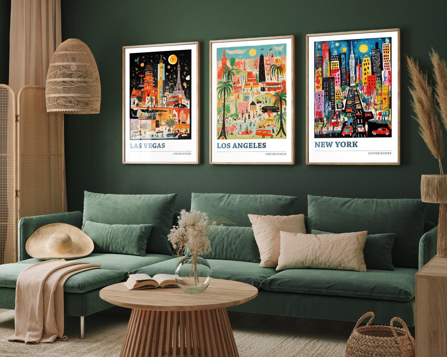 Set of Three USA Travel Posters - Las Vegas, Los Angeles, New York - 3 Modern Art Prints - Photo Painting Illustration Gift Map Artwork