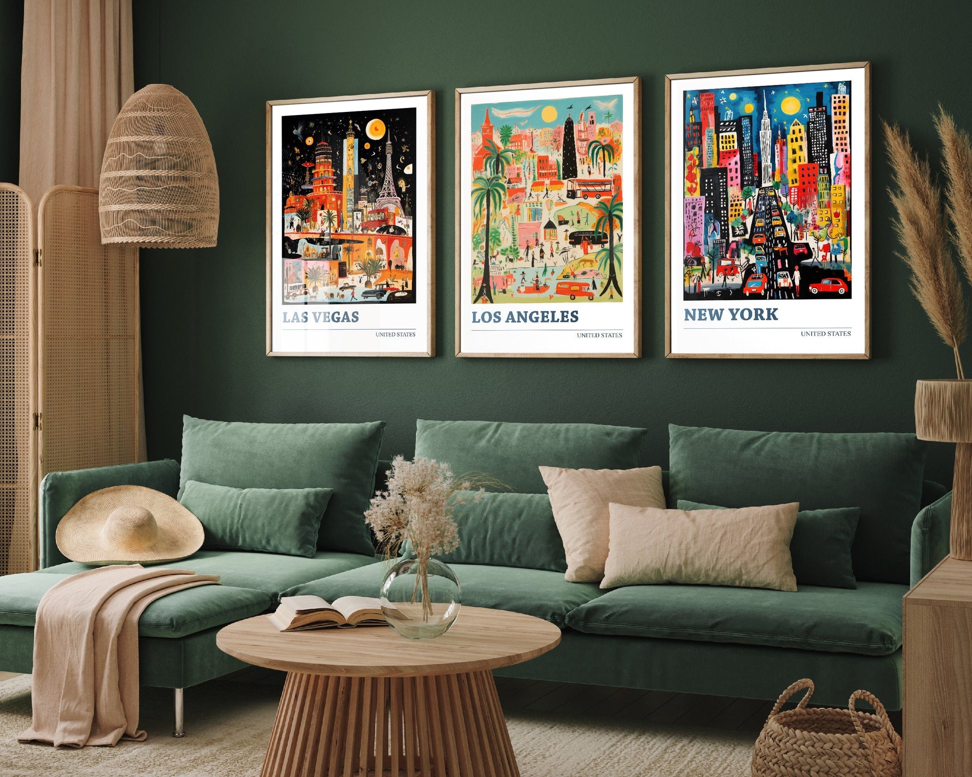 Set of Three USA Travel Posters - Las Vegas, Los Angeles, New York - 3 Modern Art Prints - Photo Painting Illustration Gift Map Artwork