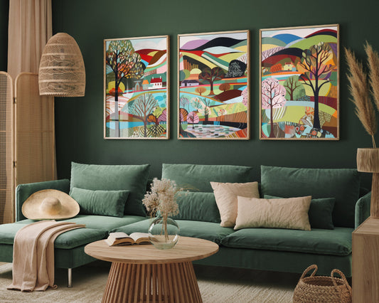 Landscape Illustrations Rainbow Triptych 2 - Set of Three Abstract Prints - Kinross-Shire Scotland Poster, Art, Painting Milnathort Perth