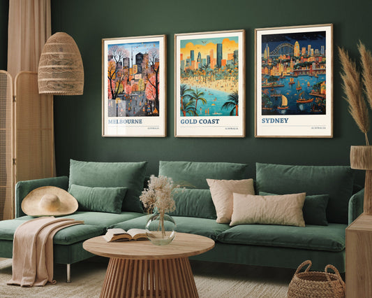 Set of Three Australia Travel Posters - Melbourne, Gold Coast, Sydney - 3 Modern Art Prints - Photo Painting Illustration Gift Map Oz