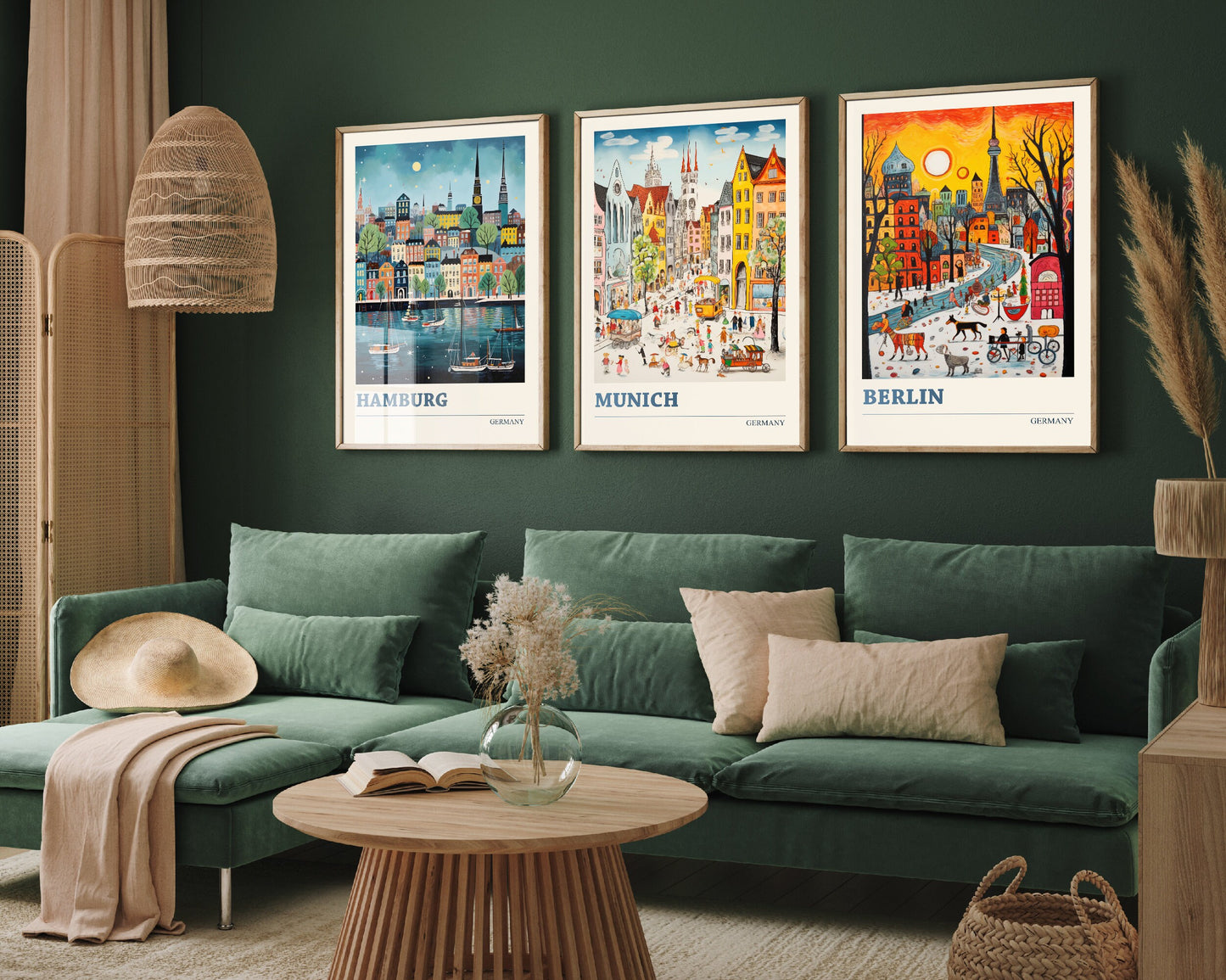 Set of Three Germany Travel Posters - Hamburg, Munich, Berlin - 3 Modern Art Prints - Photo Painting Illustration Gift Map German Decor