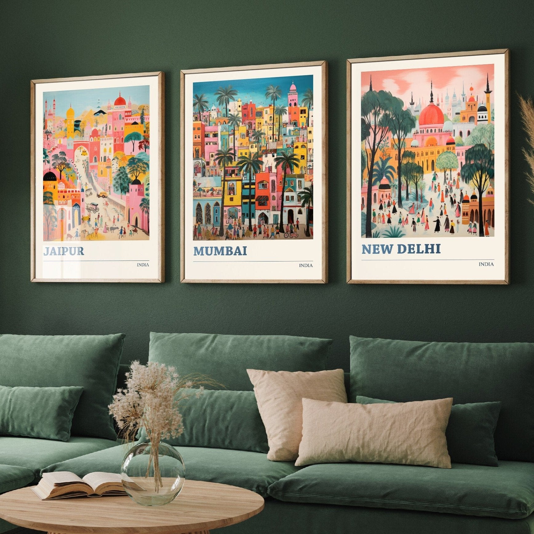 Set of Three Indian Travel Posters - Jaipur, Mumbai, New Delhi - 3 Modern Art Prints - Photo Painting Illustration Gift Visit India