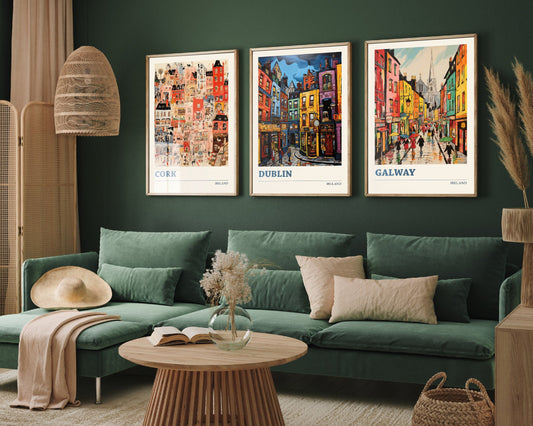 Set of Three Ireland Travel Posters - Cork, Dublin, Galway - 3 Modern Art Prints - Photo Painting Illustration Gift Visit Irish Island