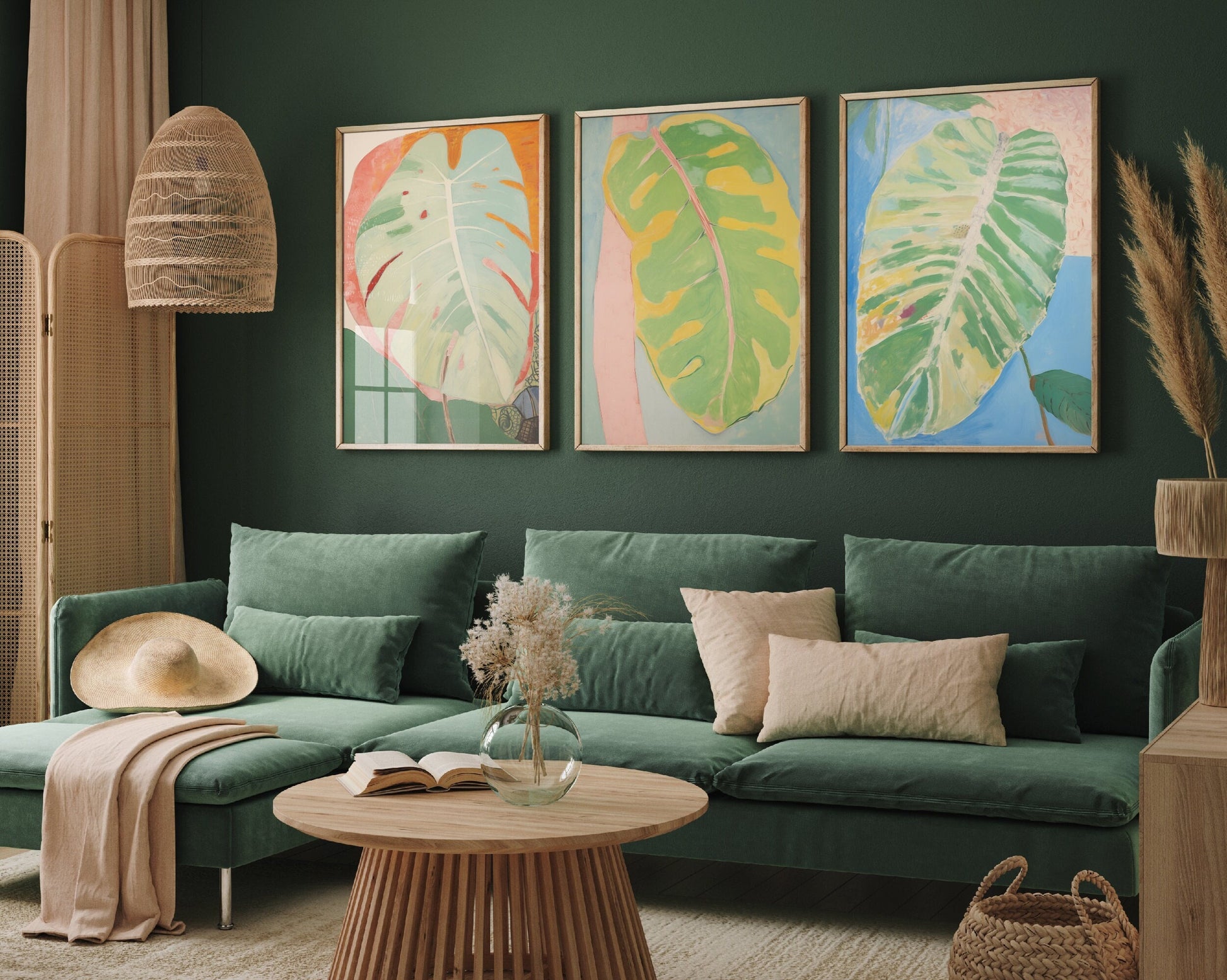 Set of Three Light Neutral Monstera Leaf Paintings V2 - 3 Botanical Art Prints - Photo Poster Wall Gift Giclée - Greenery Illustration Plant