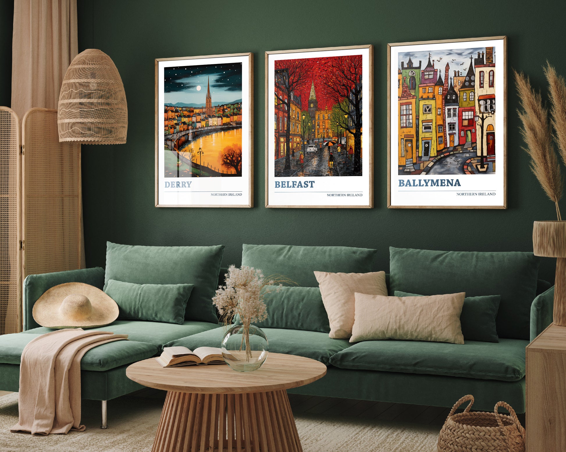 Set of Three Northern Ireland Travel Posters - Derry, Belfast, Ballymena - 3 Modern Art Prints - Photo Painting Gift Visit Irish Island