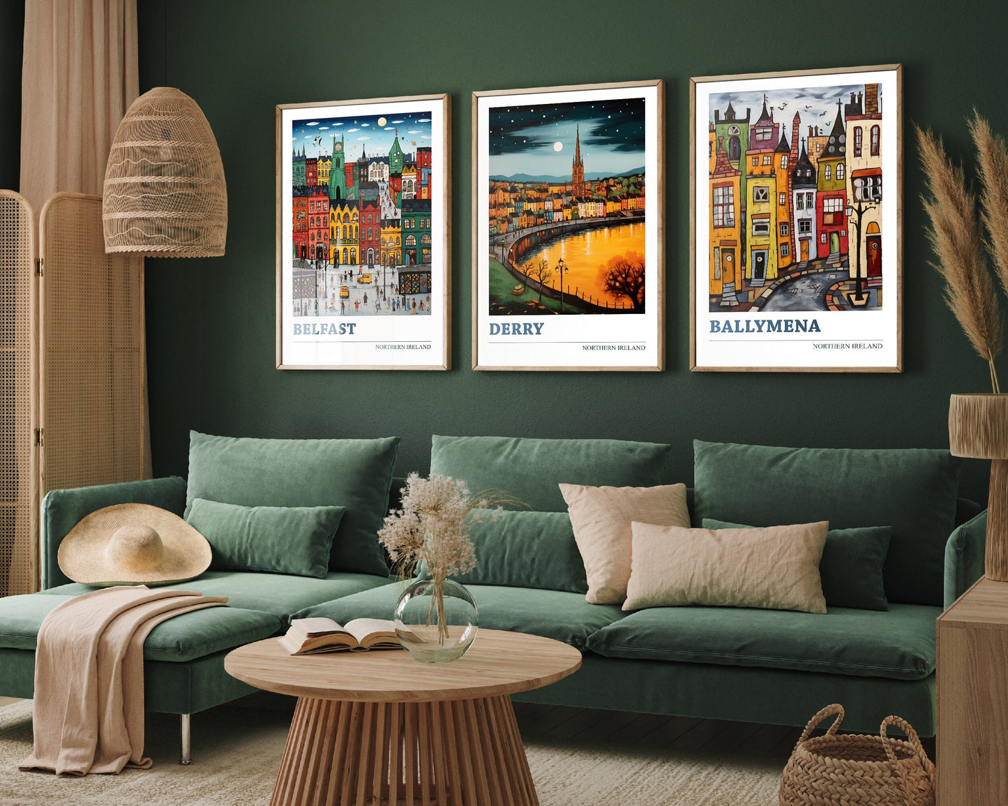 Set of Three Northern Ireland Travel Posters - Belfast, Derry, Ballymena - 3 Modern Art Prints - Photo Painting Gift Visit Irish Island