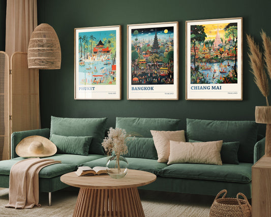 Set of Three Thailand Travel Posters - Phuket, Bangkok, Chiang Mai - 3 Modern Art Prints - Photo Painting Illustration Gift Map Thai Island