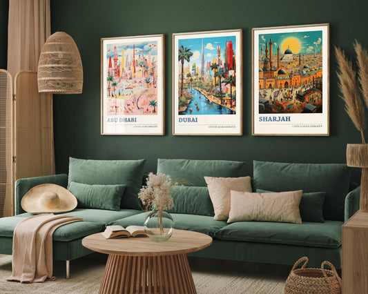 Set of Three United Arab Emirates Travel Posters - Abu Dhabi, Dubai, Sharjah - 3 Modern Art Prints - Photo Painting Illustration Gift Map