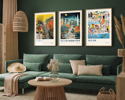 Set of Three Vietnam Travel Posters - Hanoi, Ho Chi Minh City, Hoi An - 3 Modern Art Prints - Photo Painting Illustration Gift Map