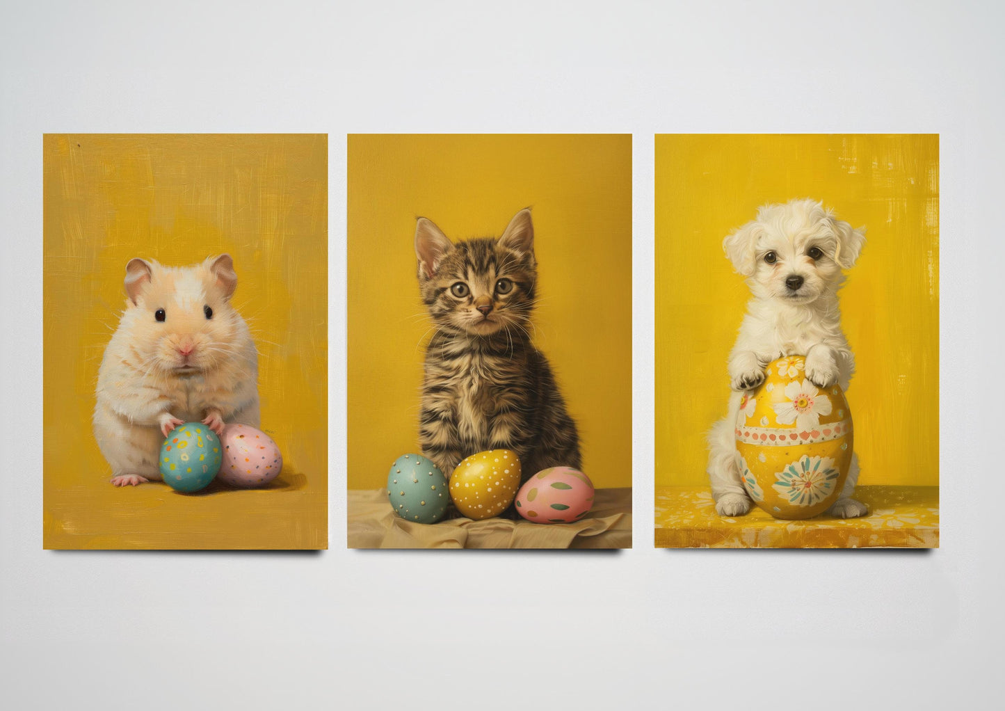 Set of Three Easter Animal Prints - 3 Yellow Paintings Photo Poster Wall Art Gift Giclée Museum Quality - Hamster Kitten Cat Puppy Dog Eggs