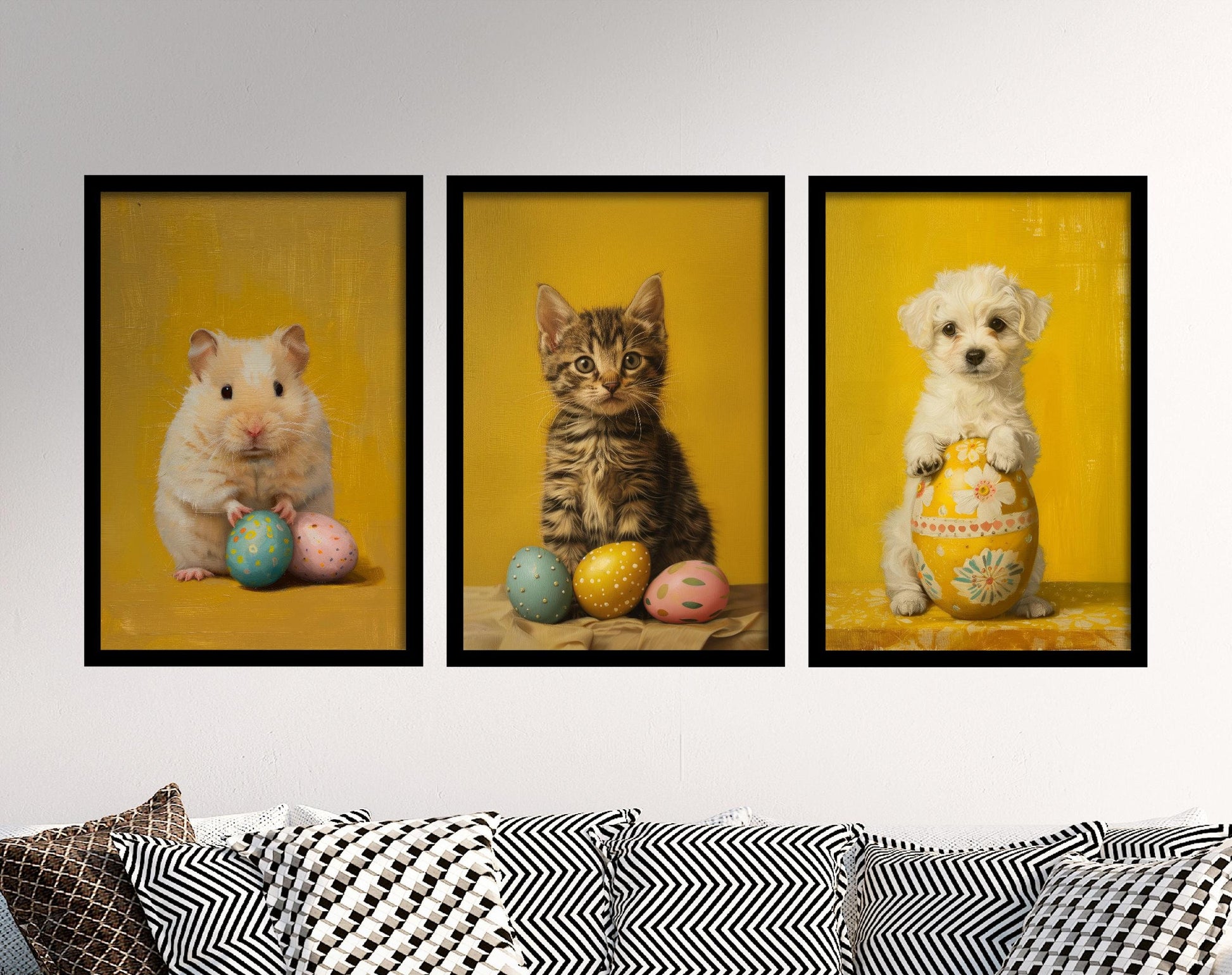 Set of Three Easter Animal Prints - 3 Yellow Paintings Photo Poster Wall Art Gift Giclée Museum Quality - Hamster Kitten Cat Puppy Dog Eggs