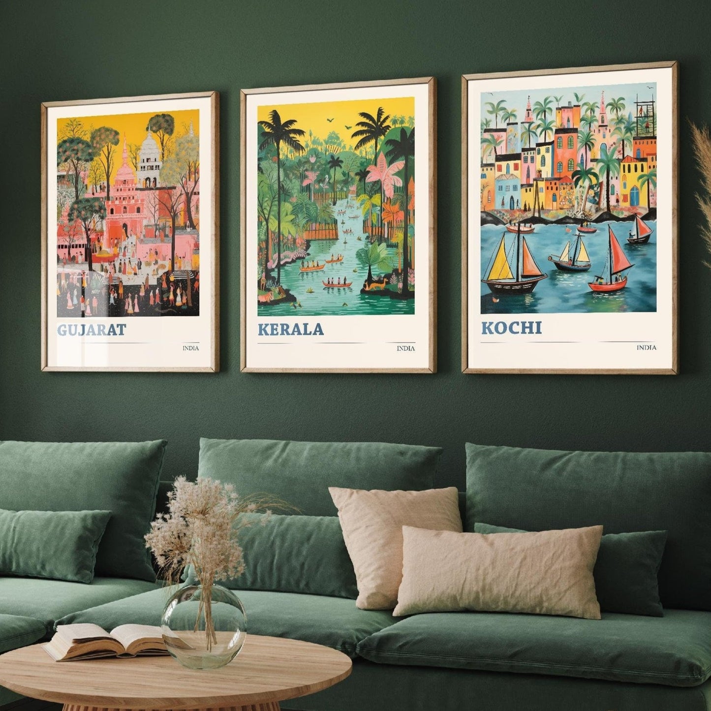 Set of Three Indian Travel Posters - Gujarat, Kerala, Kochi - 3 Modern Art Prints - Photo Painting Illustration Gift Visit India Map