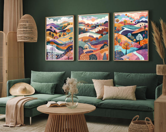 Purple Flowing English Landscapes - Set of Three Abstract Prints - Malham Appletreewick, Poster, Art, Painting Valley Yorkshire Dales