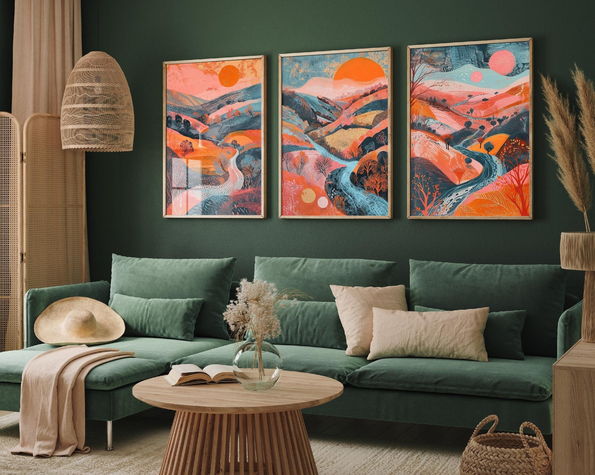 Landscape Illustrations in Rolling Hill Red / Orange - Set of Three Abstract Prints - Lake District Poster, Art, Painting Valley Ambleside