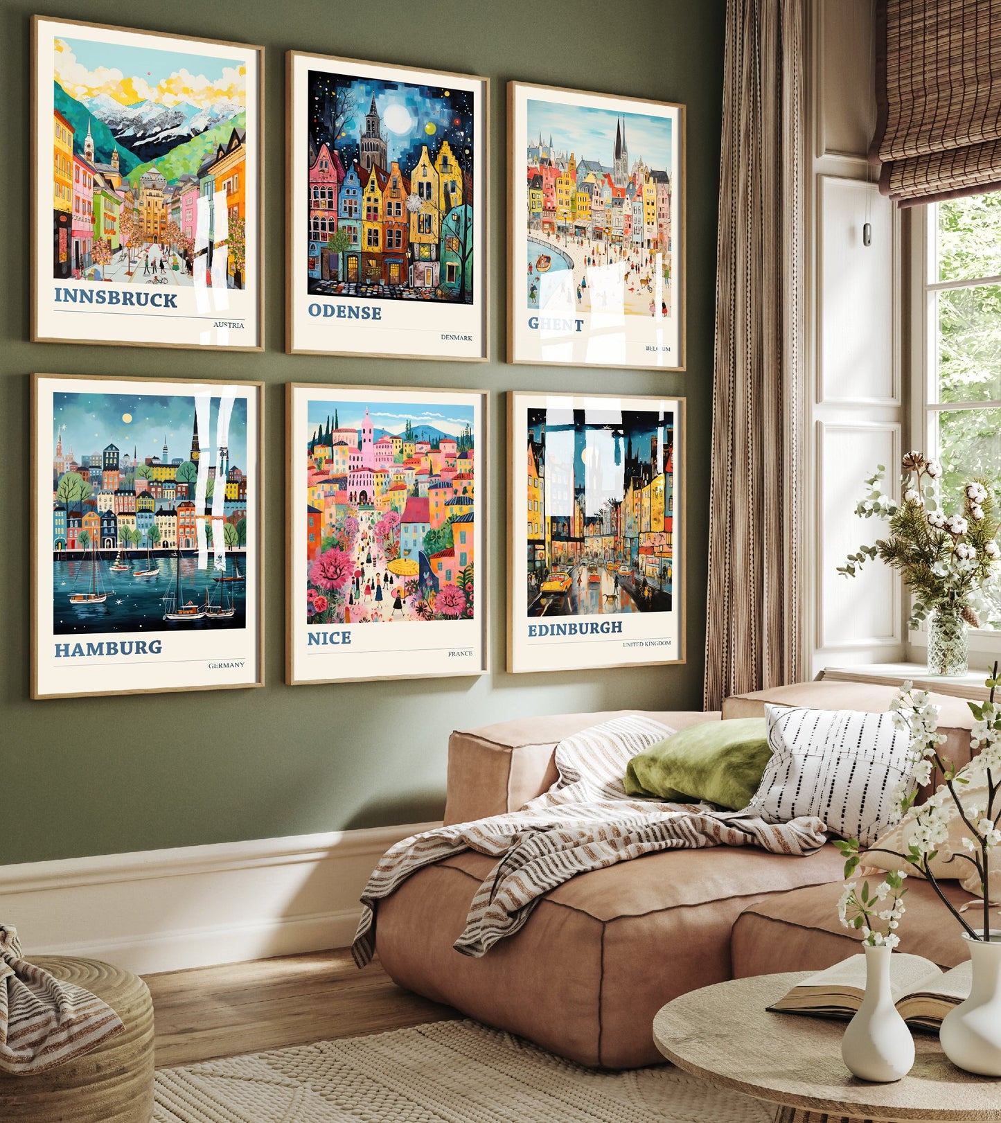 Set of Six Secondary European City Travel Posters - 6 Art Prints - Photo Painting Wall Gift Giclée - Innsbruck, Odense, Ghent, Hamburg