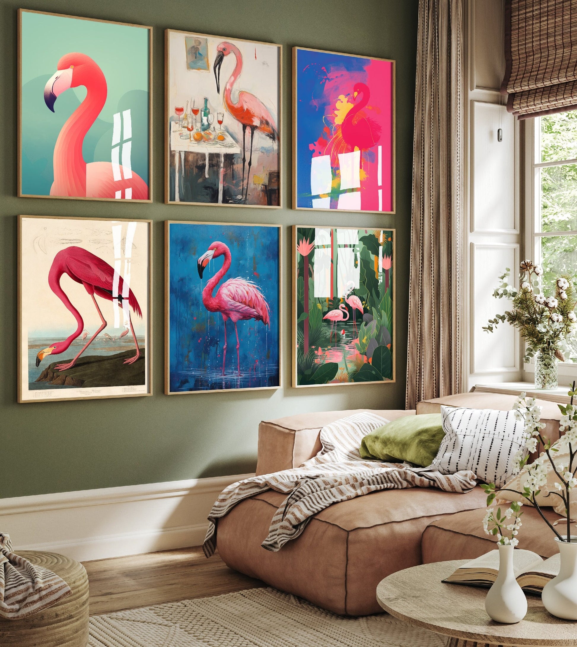 The Flamingo Collection - Set of Six Pink Safari Prints - John James Audubon Art, Pink Bird Painting - Nature Home Décor Wall Giclee 6 Gift