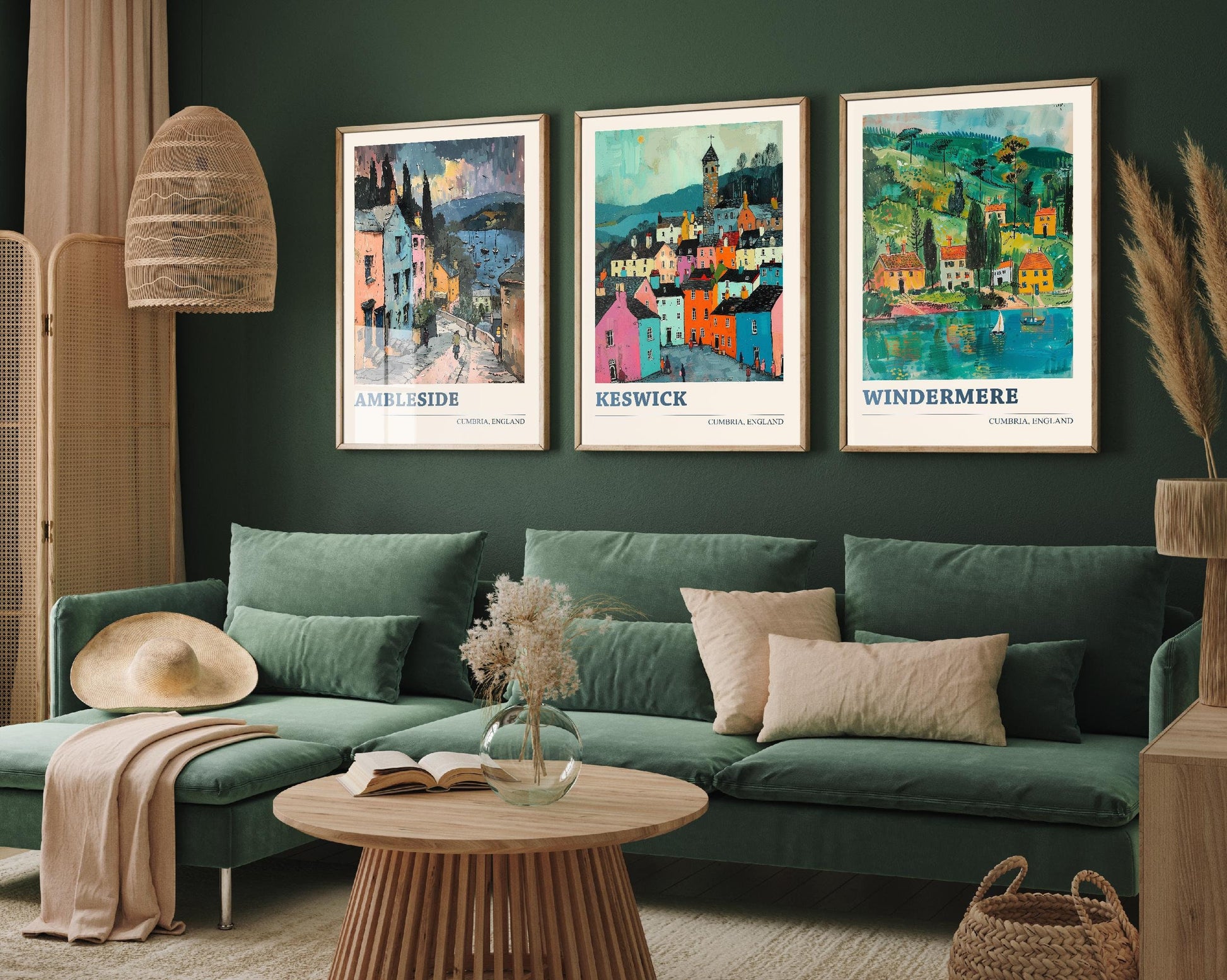 Set of Three Cumbria Travel Posters - Ambleside, Keswick, Windermere - 3 Modern Art Prints - Photo Painting Illustration Gift Visit Map Lake