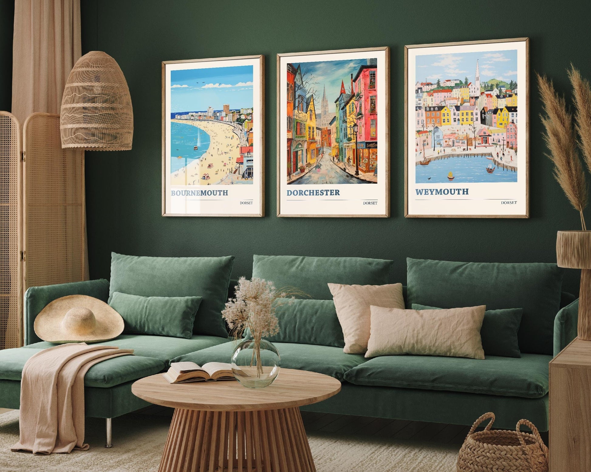 Set of Three Dorset Travel Posters V1 - Bournemouth, Dorchester, Weymouth - 3 Modern Art Prints - Photo Painting Illustration Gift Visit Map