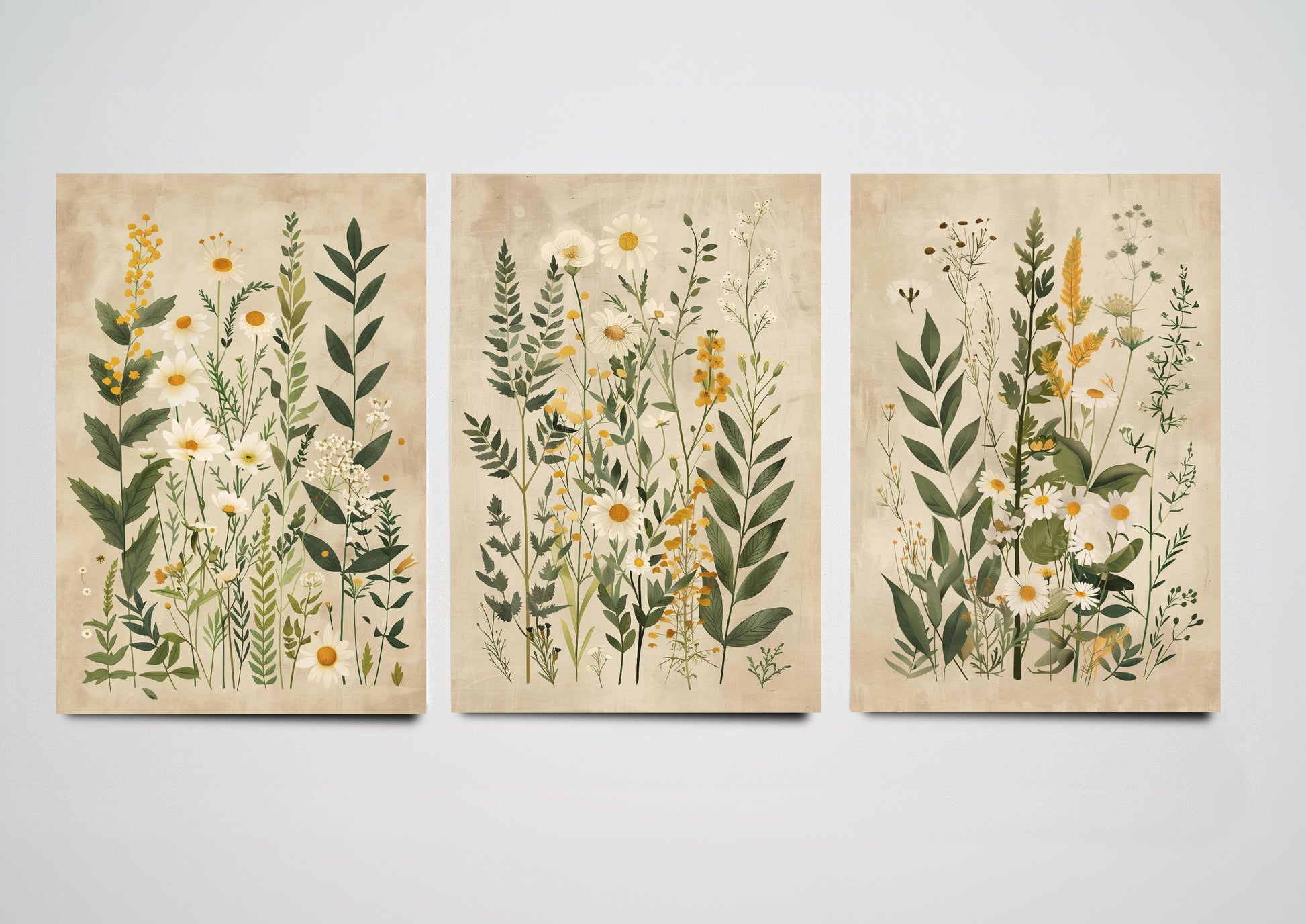 Set of Three Vintage Wildflower Prints - Set of 3 Floral Plants - Paintings Photo Poster Wall Art Gift Museum Giclee Green Daisies Botanical