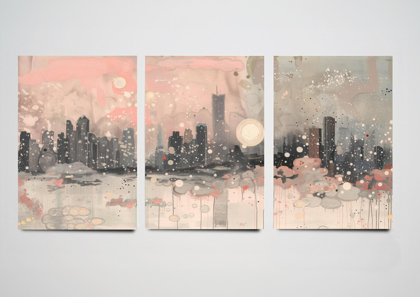 Chicago, Illinois, United States - Beautiful Set of Three Art Prints - Unique Triptych Posters - Pink & Grey Décor - Abstract Painting USA