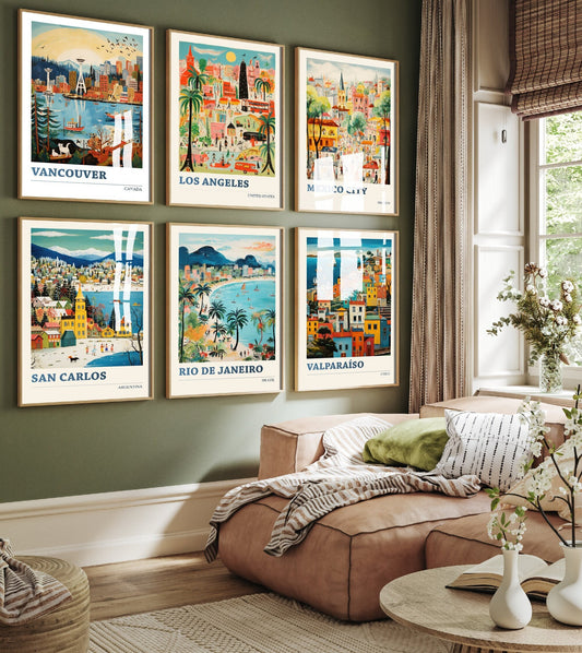 Set of Six South and North American City Travel Posters - 6 Art Prints - Photo Painting Wall Gift Giclée - America, USA, Canada, Mexico
