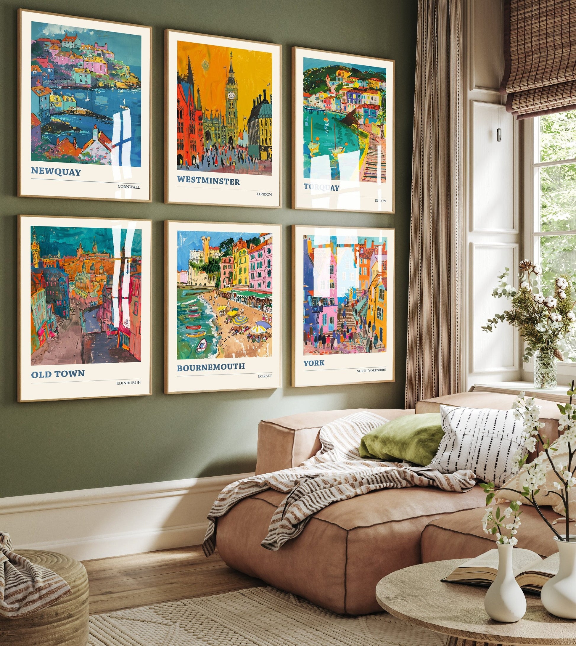 Set of Six UK City Travel Posters - 6 Art Prints - Photo Painting Wall Gift Giclée - United Kingdom Cities, London, Edinburgh, Newquay