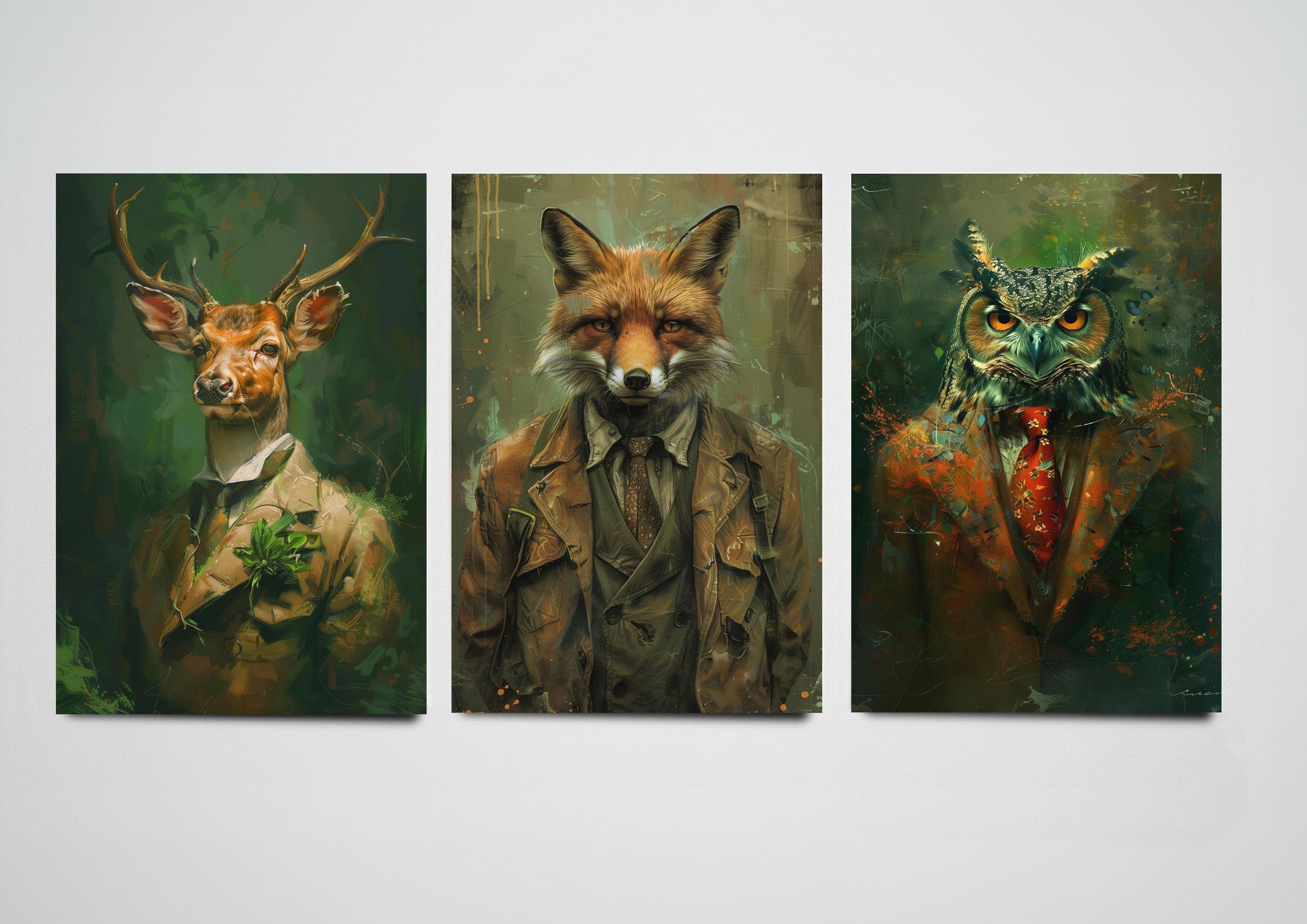 Set of Three Woodland Animals Wearing Suits Paintings - 3 Deer Fox Owl Art Prints - Photo Poster Wall Gift Giclée Décor