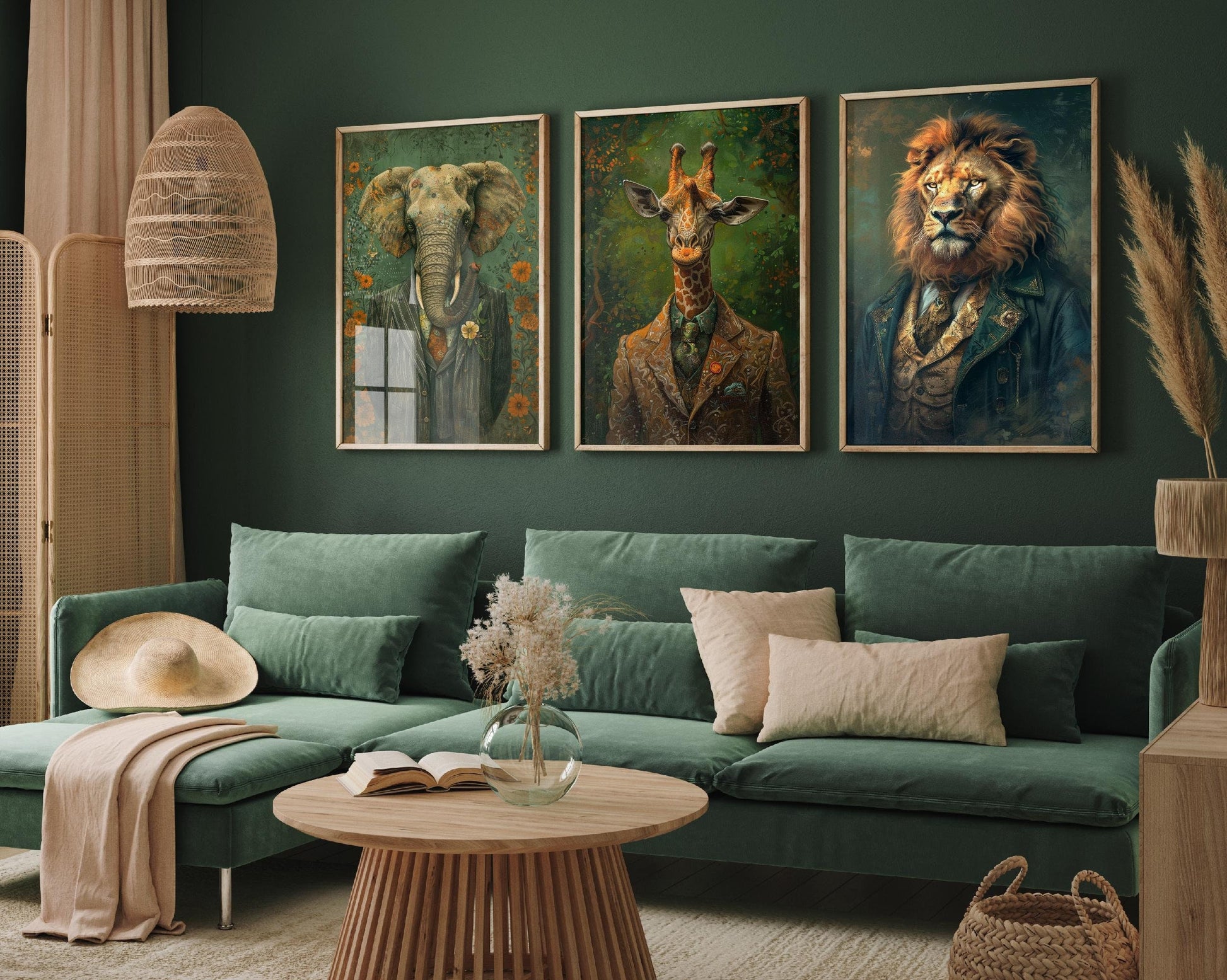 Set of Three Savannah Animals Wearing Suits Paintings - 3 Elephant Giraffe Lion Art Prints - Photo Poster Wall Gift Giclée Décor Mane King