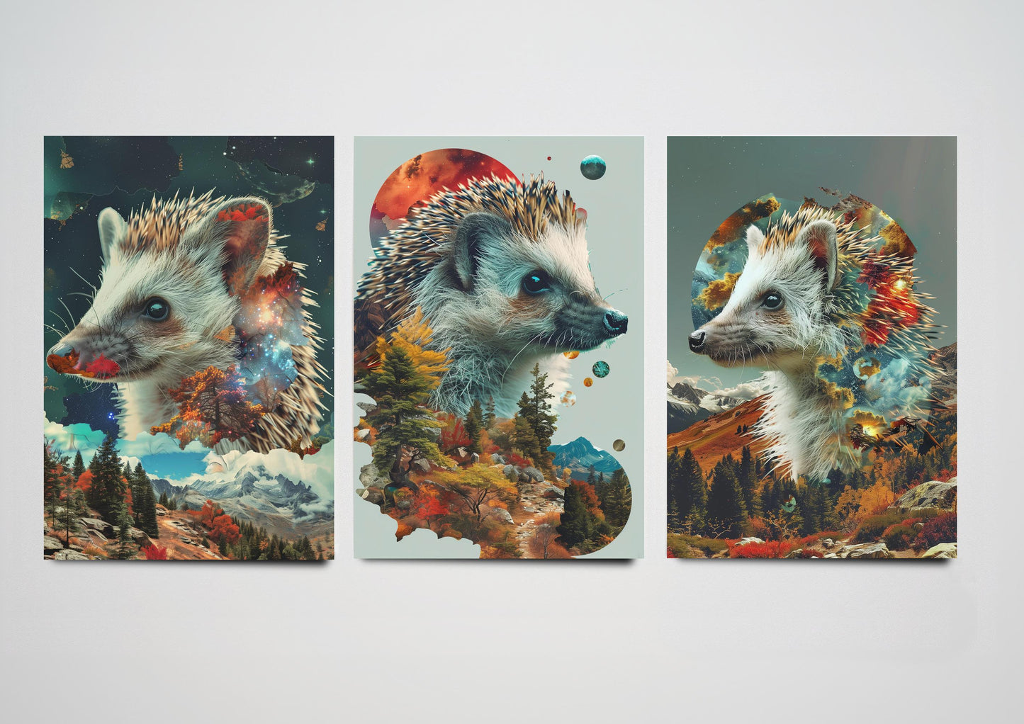 Set of Three Hedgehog Art Prints - Double Exposure Wildlife Posters - Animal Photo Painting Artistic Nature Woodland Critter Hedge Hog