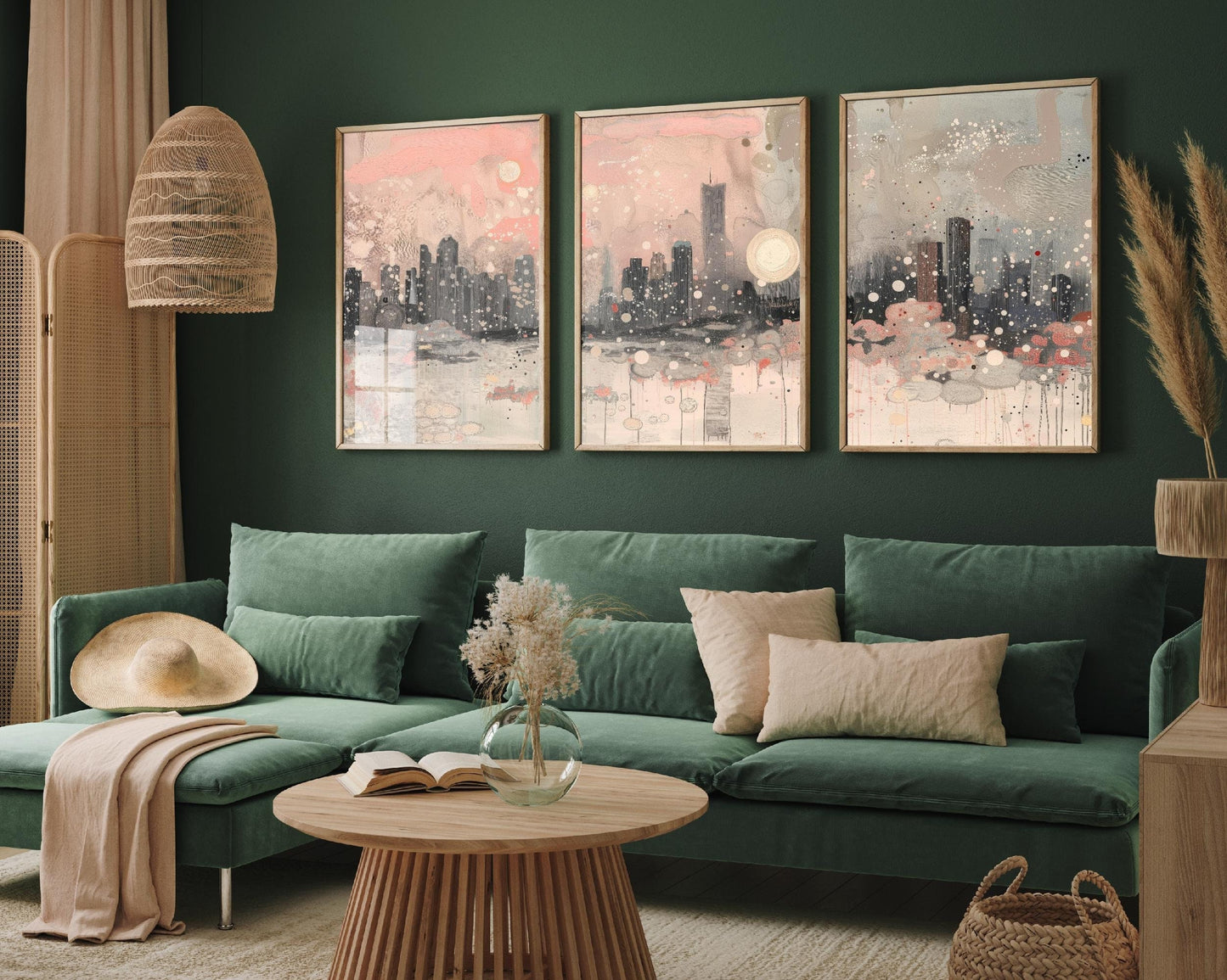 Chicago, Illinois, United States - Beautiful Set of Three Art Prints - Unique Triptych Posters - Pink & Grey Décor - Abstract Painting USA