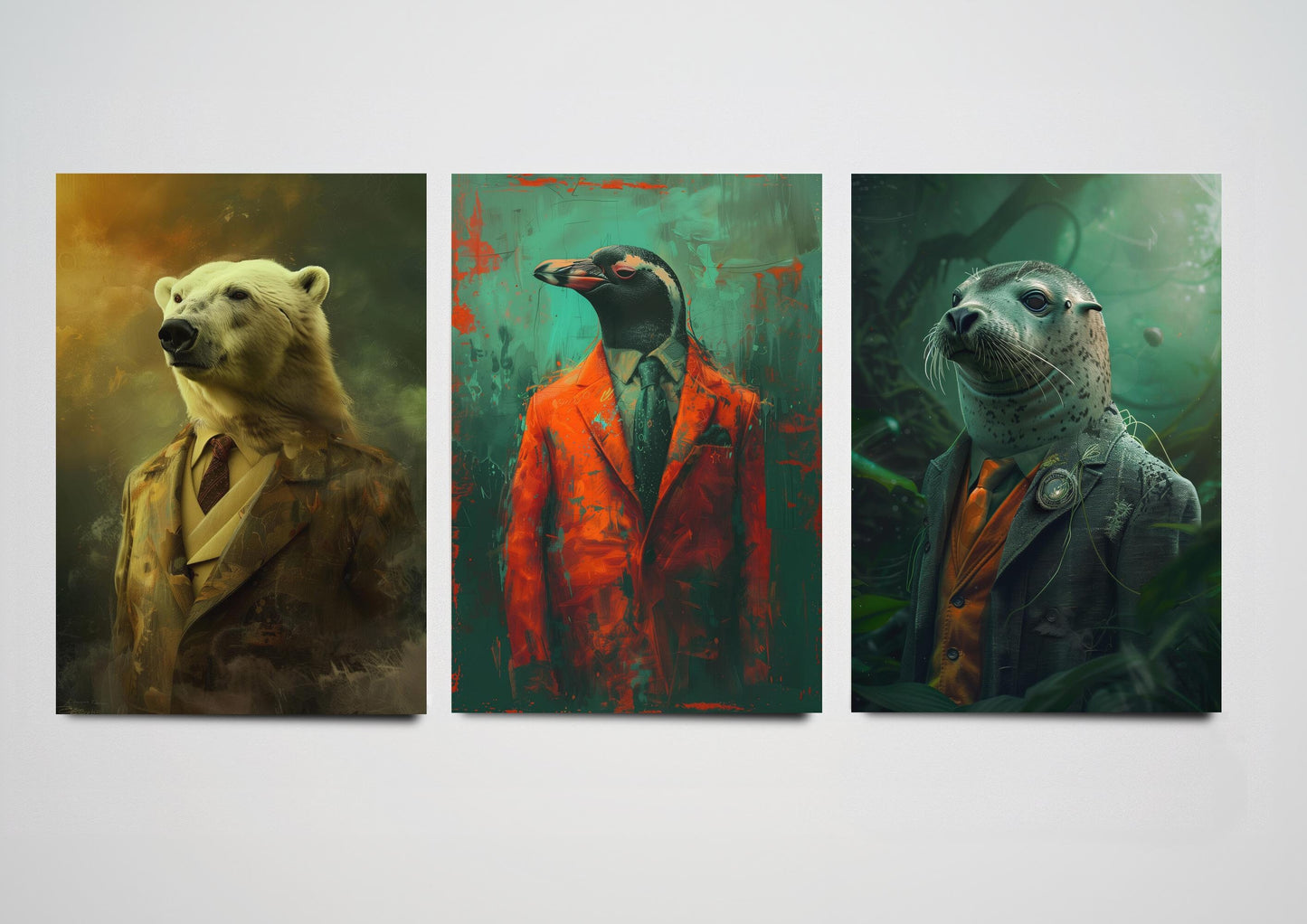 Set of Three Arctic Animals Wearing Suits Paintings - 3 Polar Bear Penguin Seal Art Prints - Photo Poster Wall Gift Giclée Décor