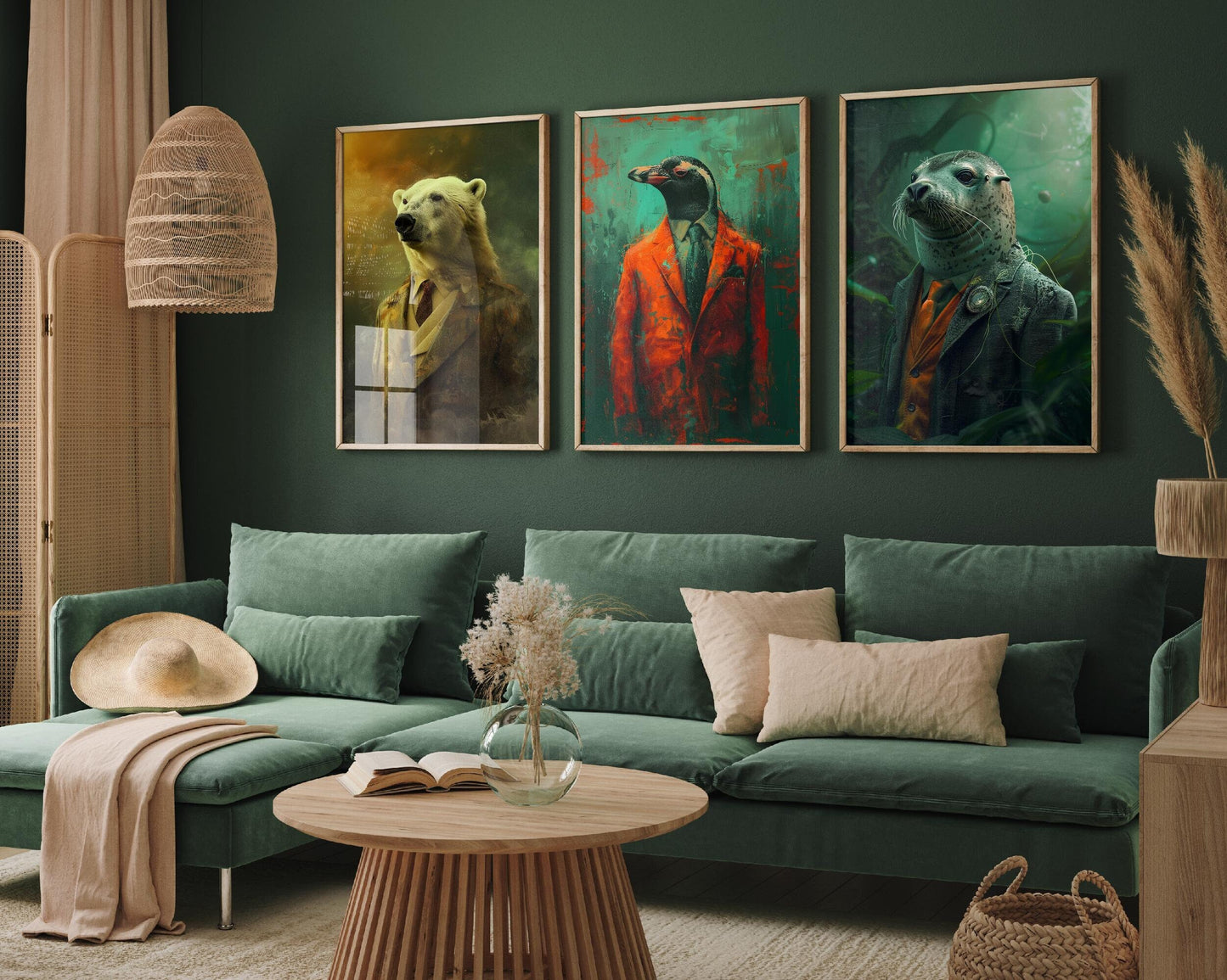 Set of Three Arctic Animals Wearing Suits Paintings - 3 Polar Bear Penguin Seal Art Prints - Photo Poster Wall Gift Giclée Décor