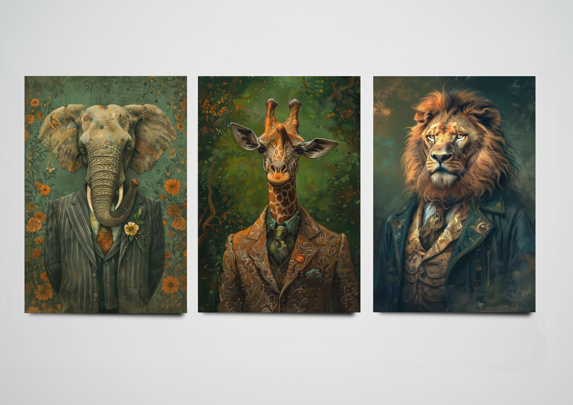 Set of Three Savannah Animals Wearing Suits Paintings - 3 Elephant Giraffe Lion Art Prints - Photo Poster Wall Gift Giclée Décor Mane King