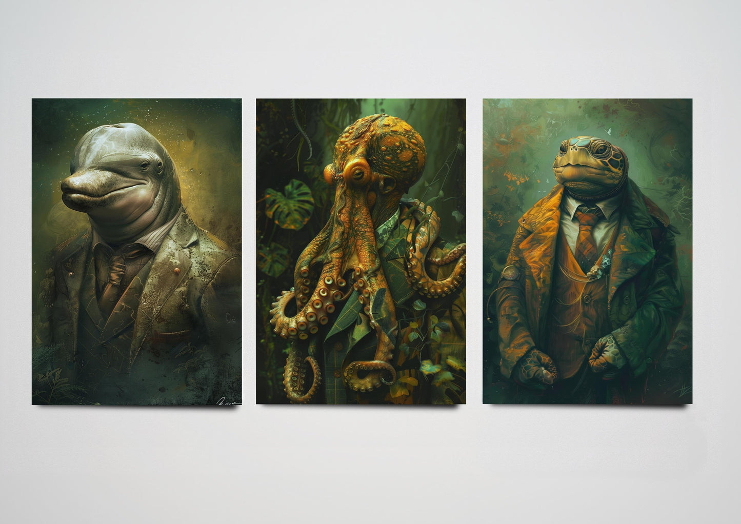 Set of Three Ocean Animals Wearing Suits Paintings - 3 Dolphin Octopus Turtle Art Prints - Photo Poster Wall Gift Giclée Décor