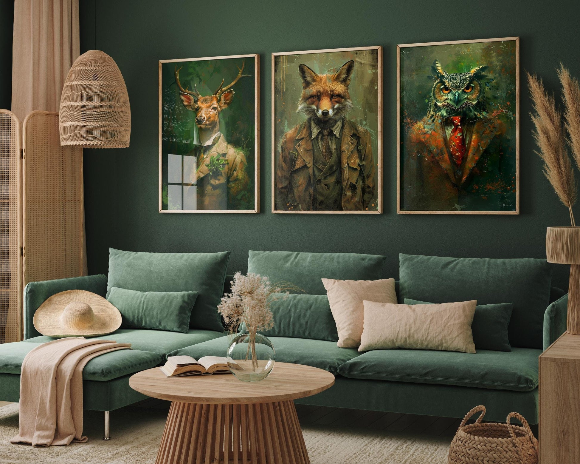 Set of Three Woodland Animals Wearing Suits Paintings - 3 Deer Fox Owl Art Prints - Photo Poster Wall Gift Giclée Décor