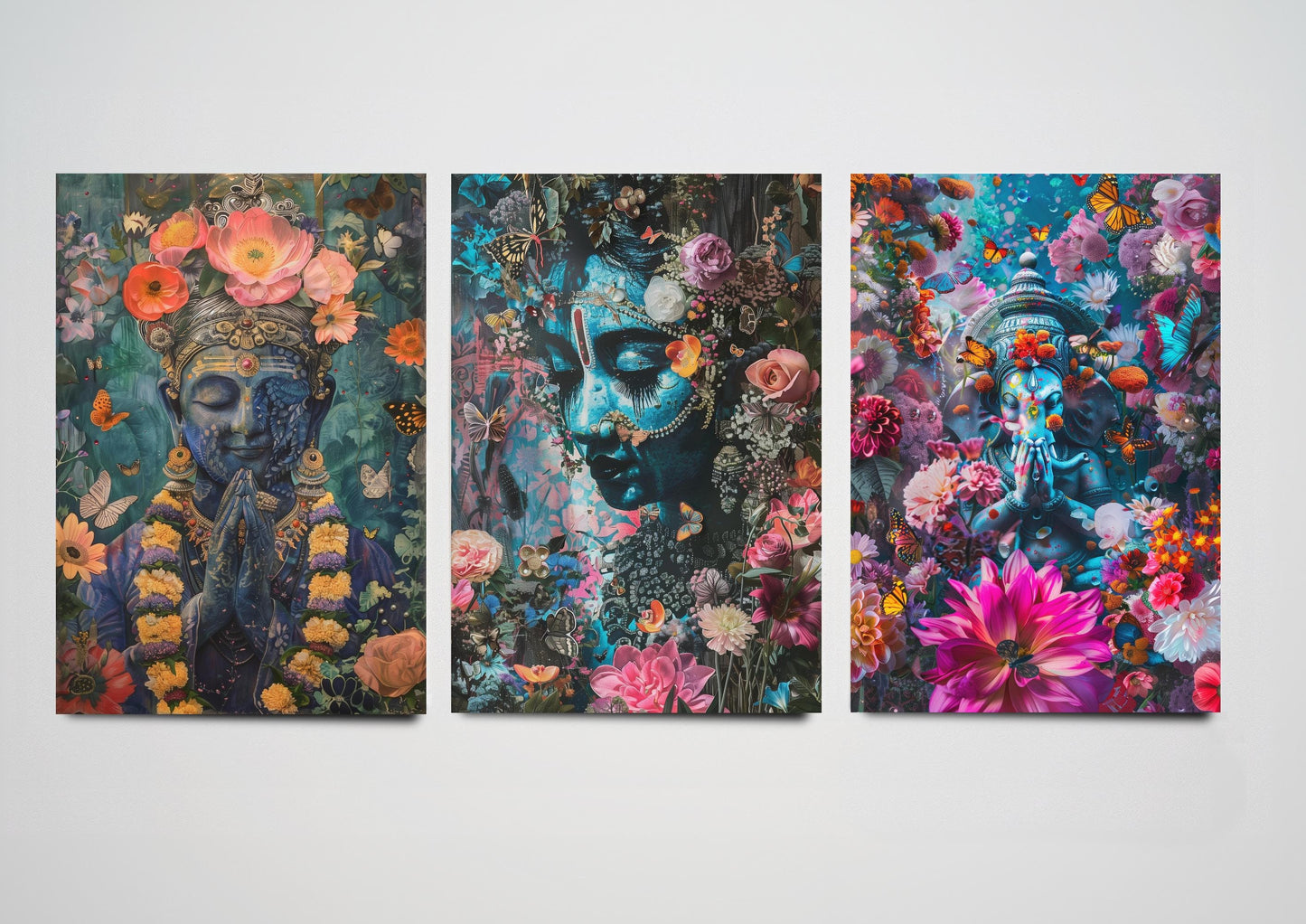 Buddhist Imagination - Set of Three Art Prints - 3 Buddhism Paintings - Photo Poster Wall Art Gift Giclée Museum Colourful Flowers Religion