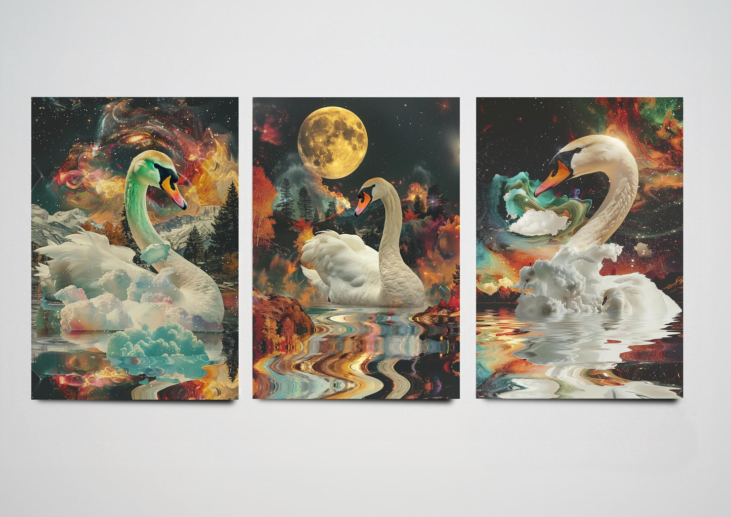 Set of Three Swan Art Prints - Double Exposure Wildlife Posters - Animal Photo Painting Artistic Nature Woodland White Lake Bird