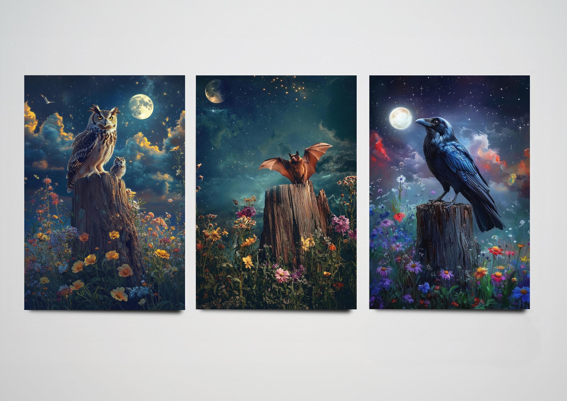 Halloween Realism Fantasy Set of Three Paintings - 3 Owl, Bat and Raven Art Prints - Poster Wall Gift Giclée Spooky Holiday Nature Birds