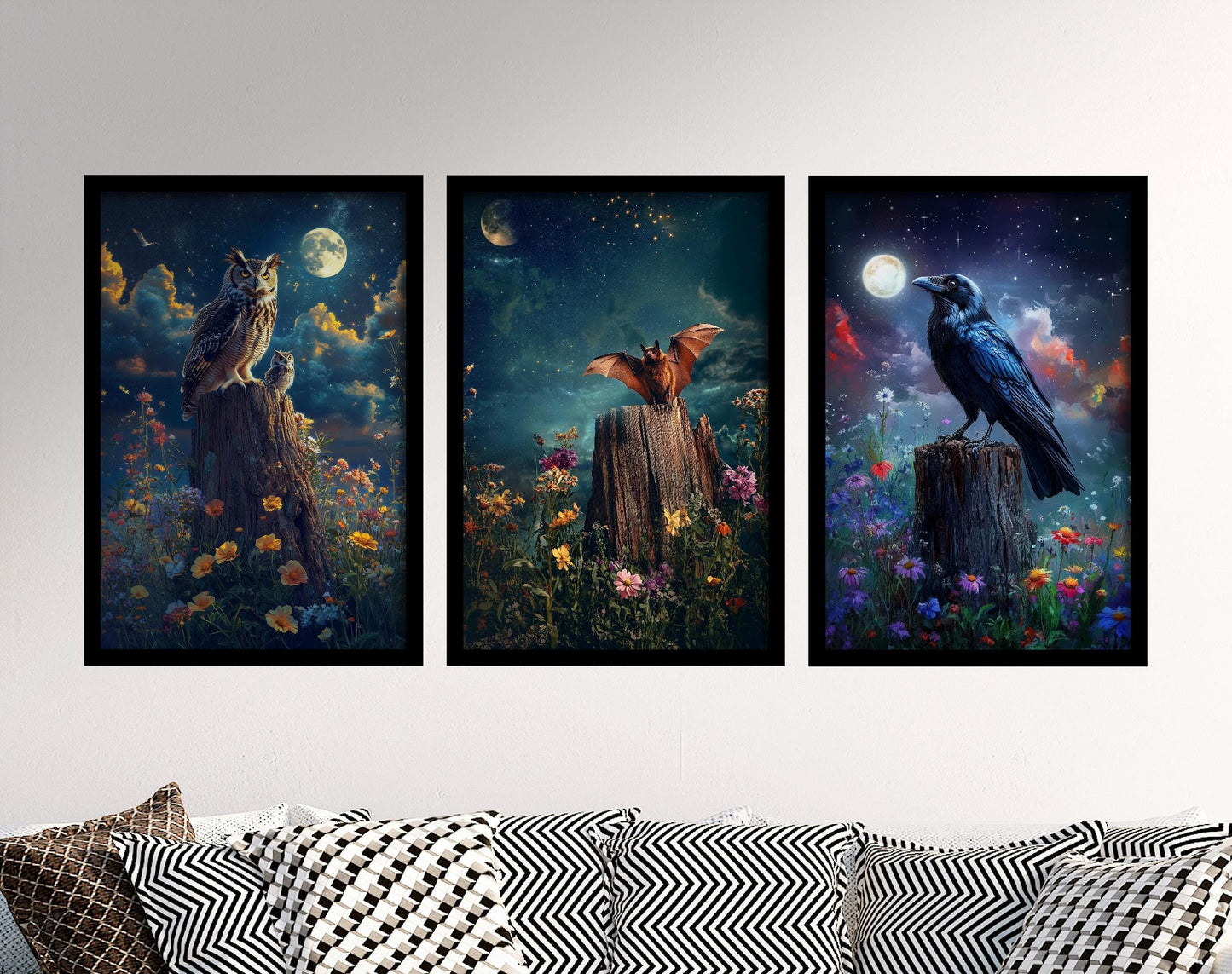 Halloween Realism Fantasy Set of Three Paintings - 3 Owl, Bat and Raven Art Prints - Poster Wall Gift Giclée Spooky Holiday Nature Birds