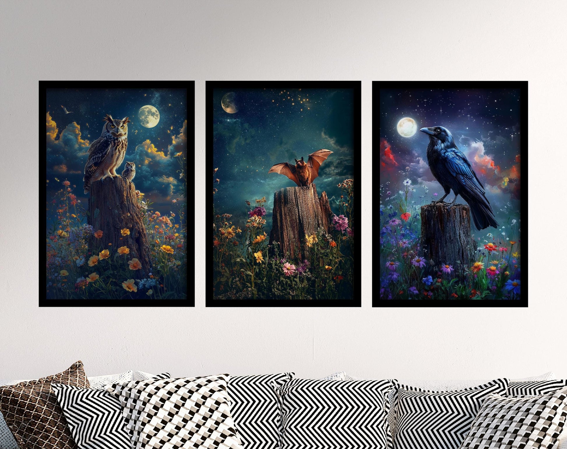 Halloween Realism Fantasy Set of Three Paintings - 3 Owl, Bat and Raven Art Prints - Poster Wall Gift Giclée Spooky Holiday Nature Birds